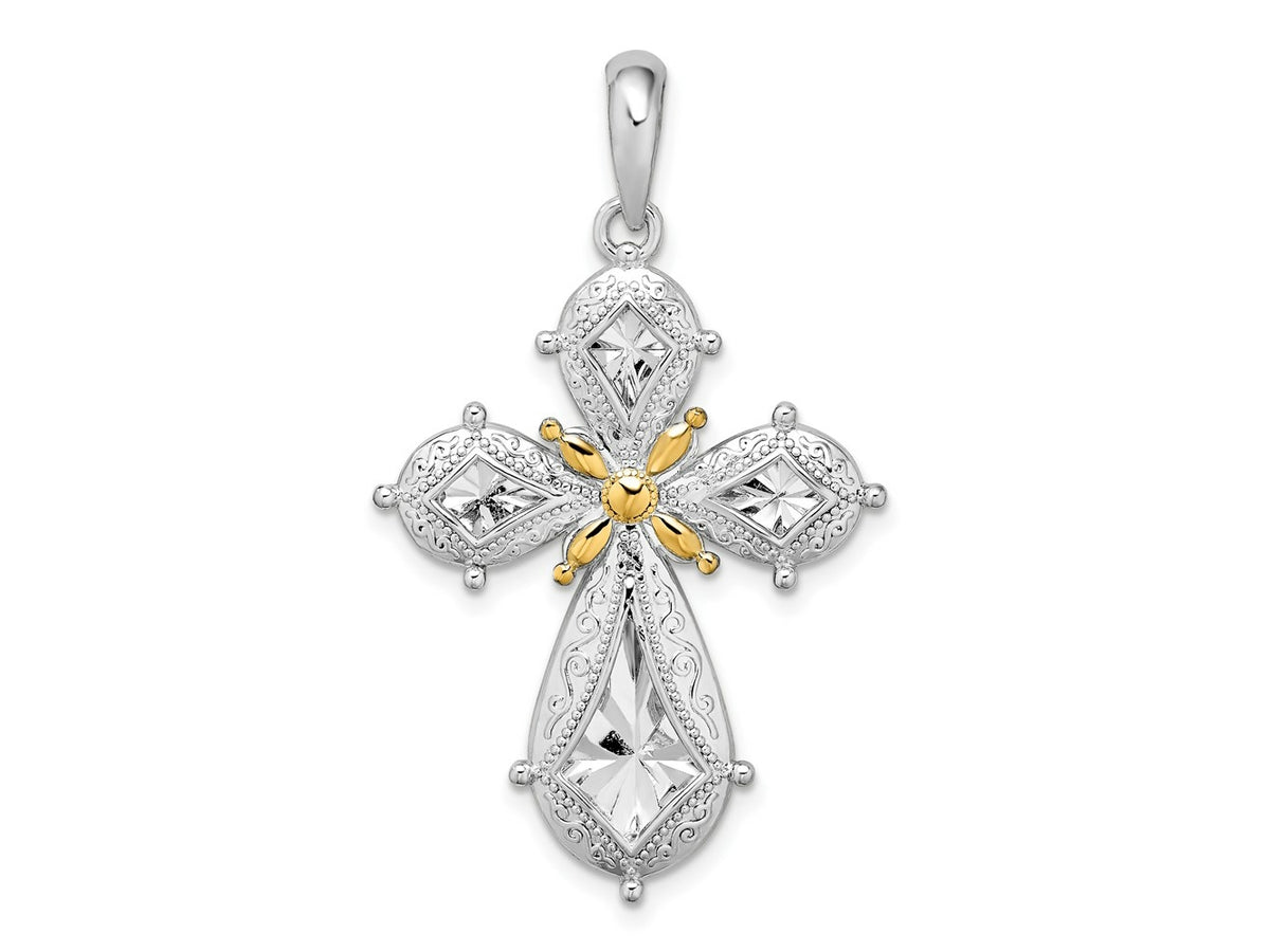 FJC Finejewelers 925 Silver and 14k Yellow Accent Gold d Polished Filigree Cross Charm 24 mm