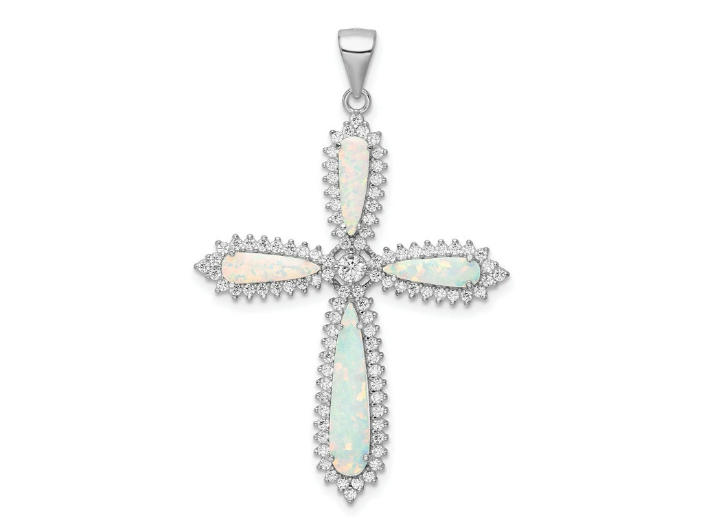FJC Finejewelers 925 Sterling Silver d White Created Opal and CZ Border Cross Charm 48 x 32 mm