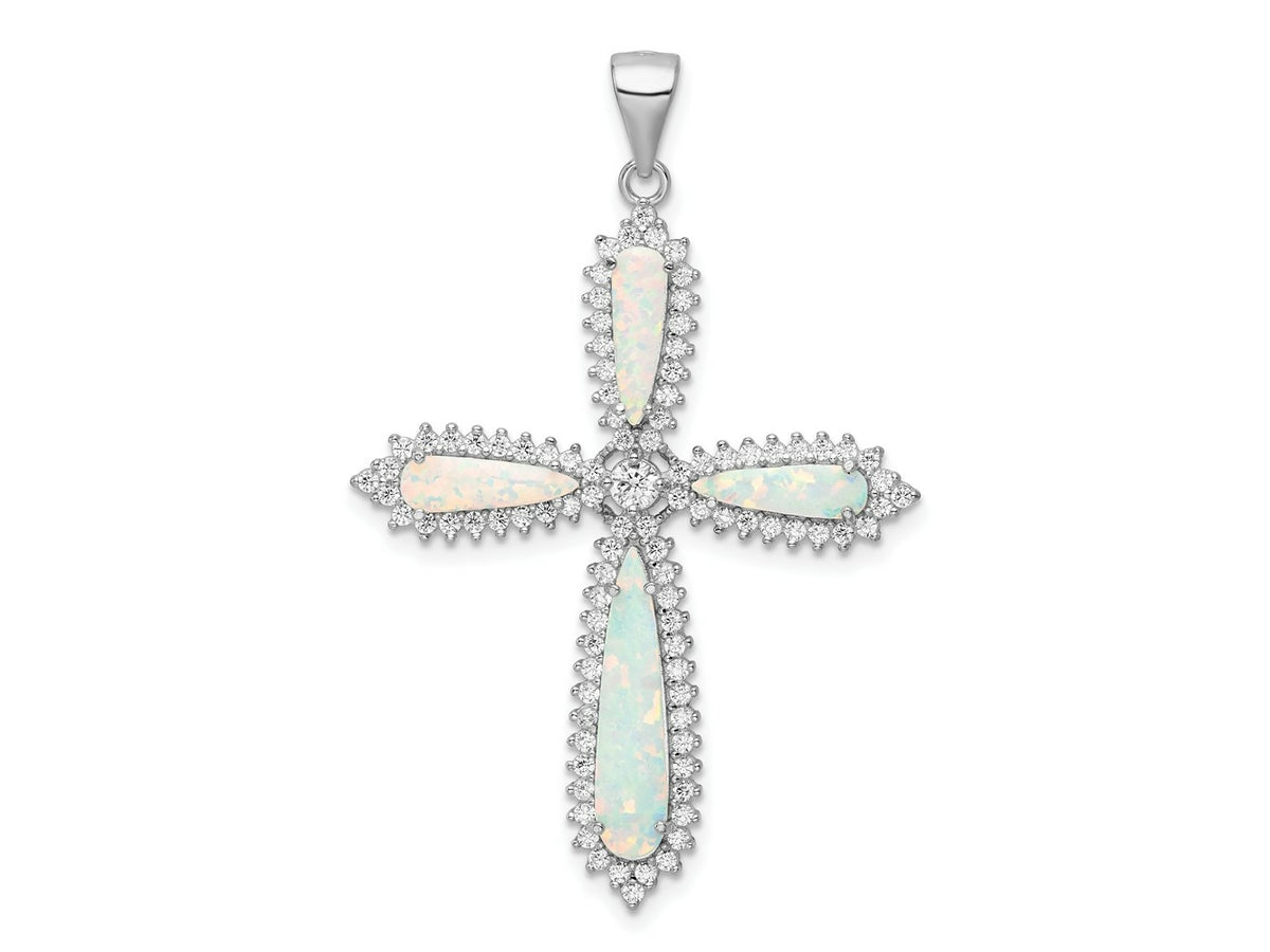 FJC Finejewelers 925 Sterling Silver d White Created Opal and CZ Border Cross Charm 48 x 32 mm