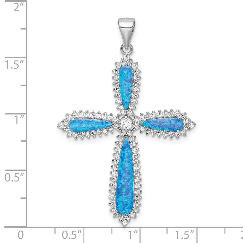 FJC Finejewelers 925 Sterling Silver Rhodium Platedd Blue Created Opal and CZ Border Cross Charm 48 x 32 mm