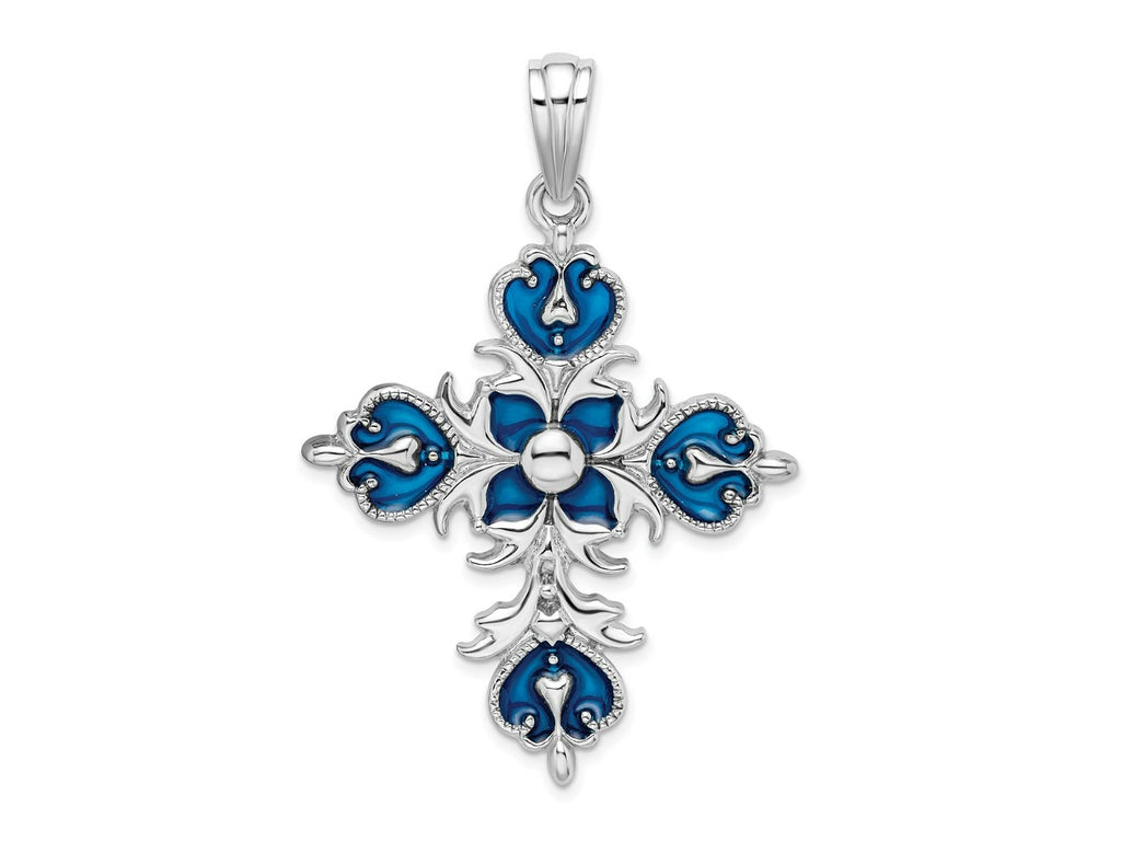 FJC Finejewelers 925 Sterling Silver Rhodium Plated Polished Enamel Fleur de Lis Cross Charm 36 mm