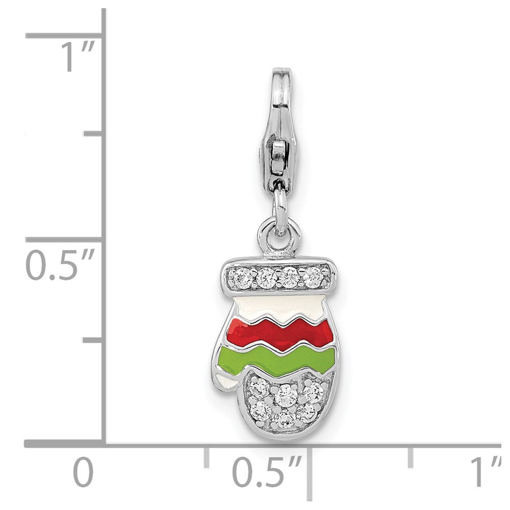 Amore LaVita 925 Sterling Silver Rhodium Plated CZ Enameled Mitten Charm 24 x 7 mm