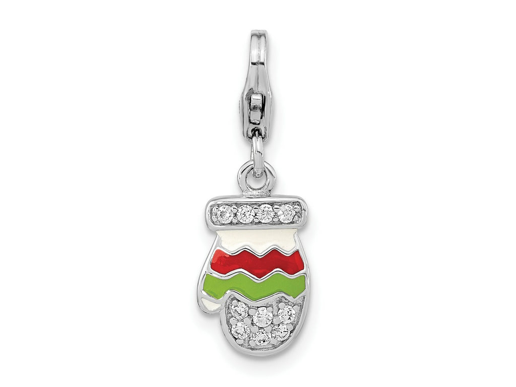 Amore LaVita 925 Sterling Silver Rhodium Plated CZ Enameled Mitten Charm 24 x 7 mm