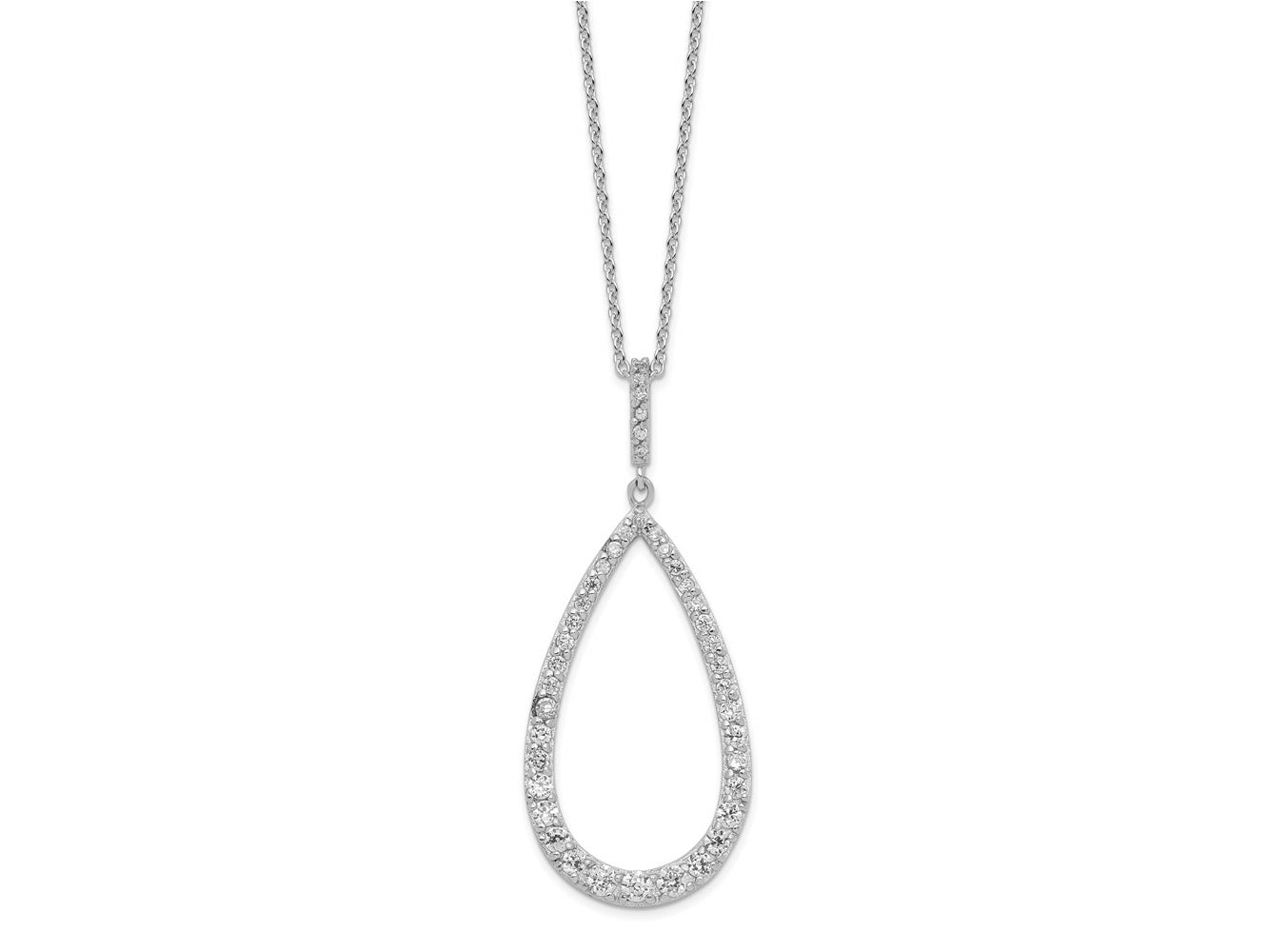 Cheryl M 925 Sterling Silver Cable Rhodium Plated CZ Open Pear Shape Necklace 18 Inches x 17 mm
