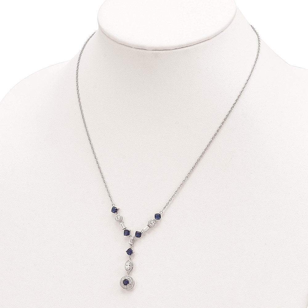 Cheryl M 925 Sterling Silver Cable Rhodium Plated Blue Glass and CZ Y-Drop Necklace 18 Inches x 9 mm