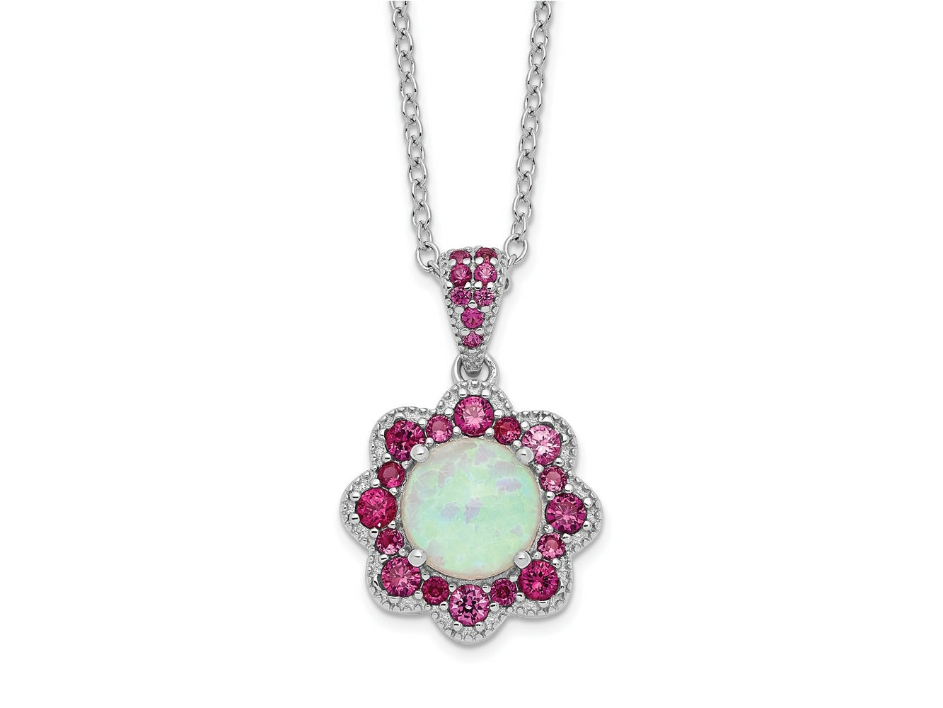 Cheryl M 925 Sterling Silver Created Opal and Red Nano Crystal Flower Necklace 18 Inches x 14 mm