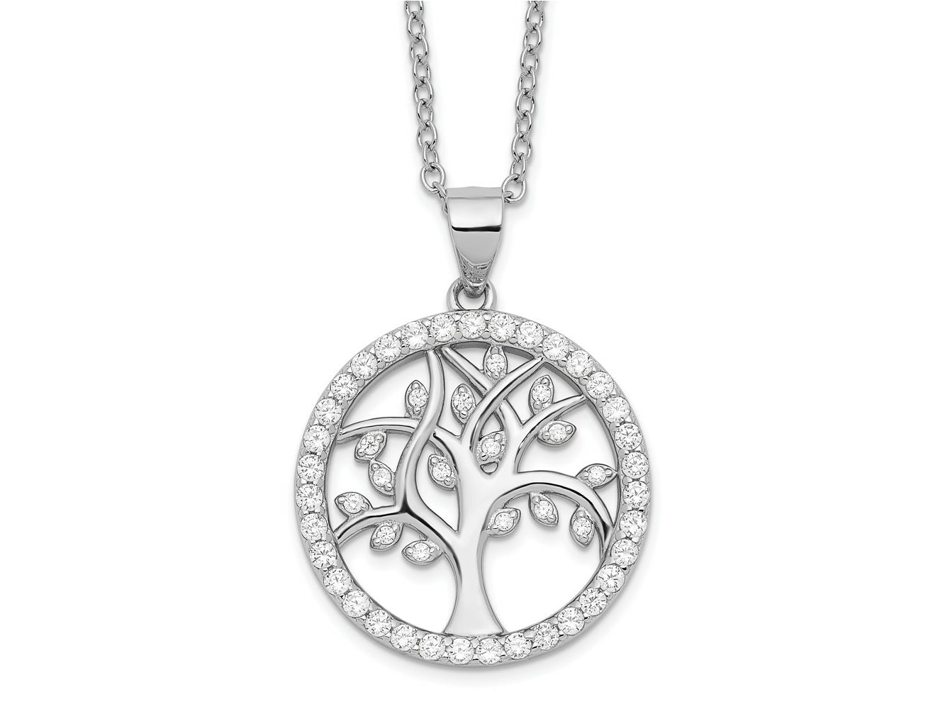 Cheryl M 925 Sterling Silver Cable Rhodium Plated Tree of Life CZ Necklace 18 Inches x 20 mm