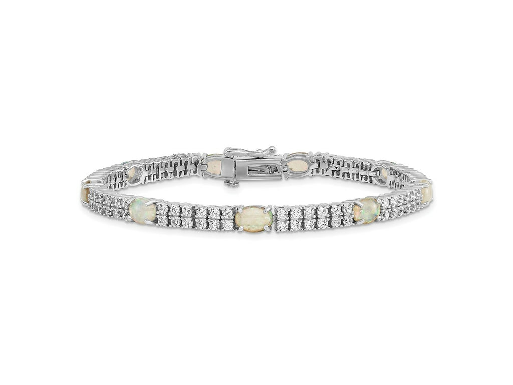 Cheryl M 925 Sterling Silver Rhodium Plated Fancy Created Opal and CZ Bracelet 7.5 Inches x 4.9 mm