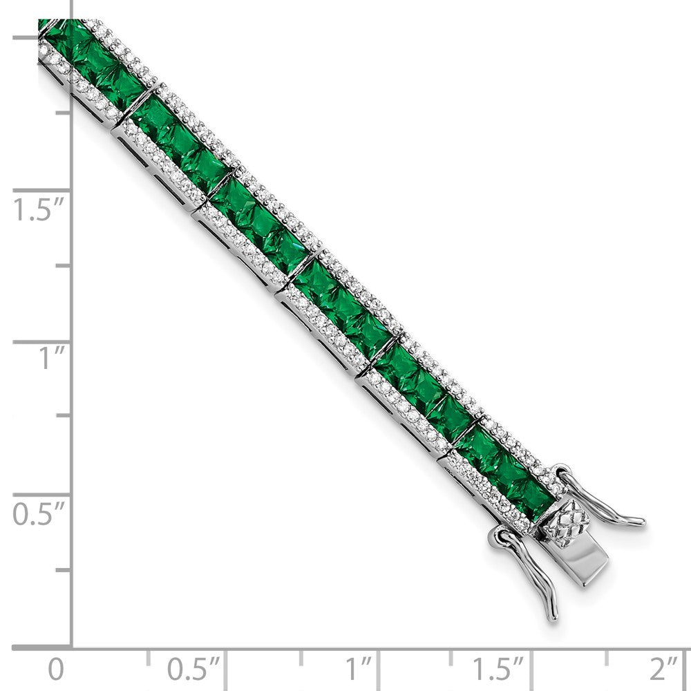 Cheryl M 925 Sterling Silver Fancy Rhodium Plated Green Crystal and CZ Bracelet 7.25 Inches x 5.6 mm