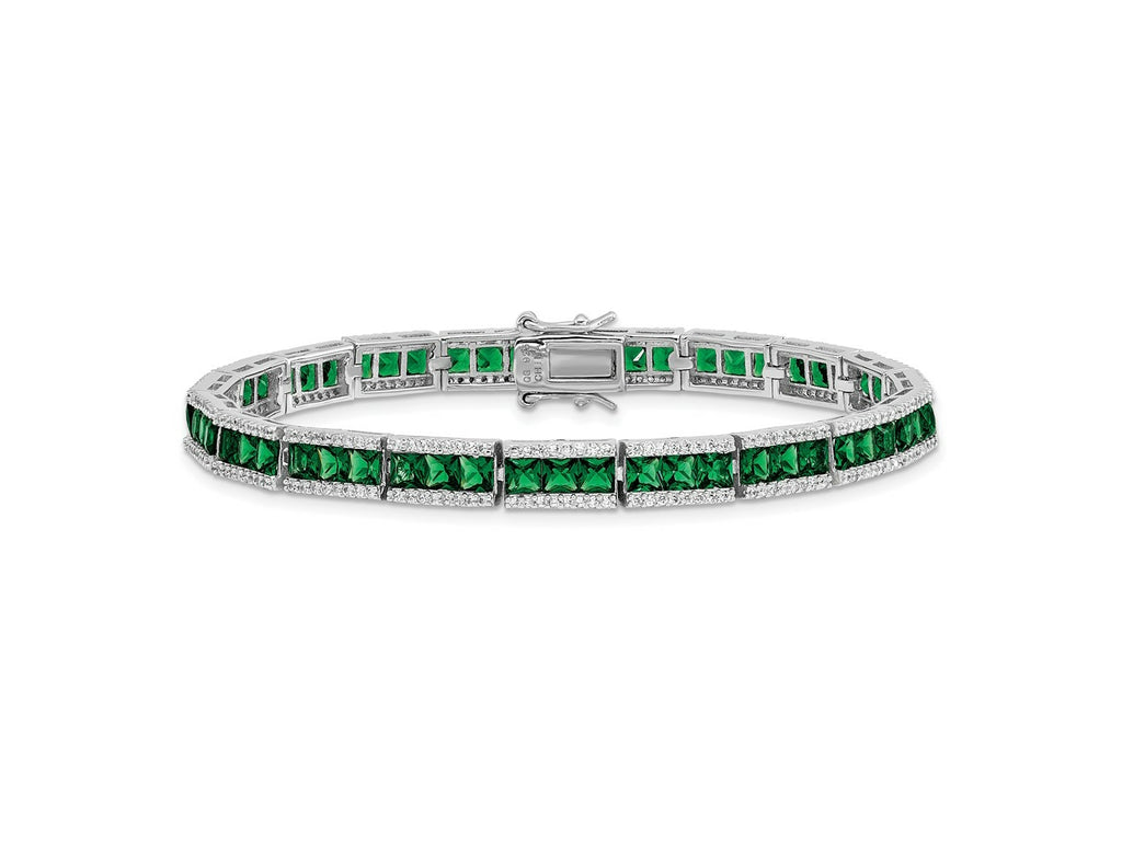 Cheryl M 925 Sterling Silver Fancy Rhodium Plated Green Crystal and CZ Bracelet 7.25 Inches x 5.6 mm