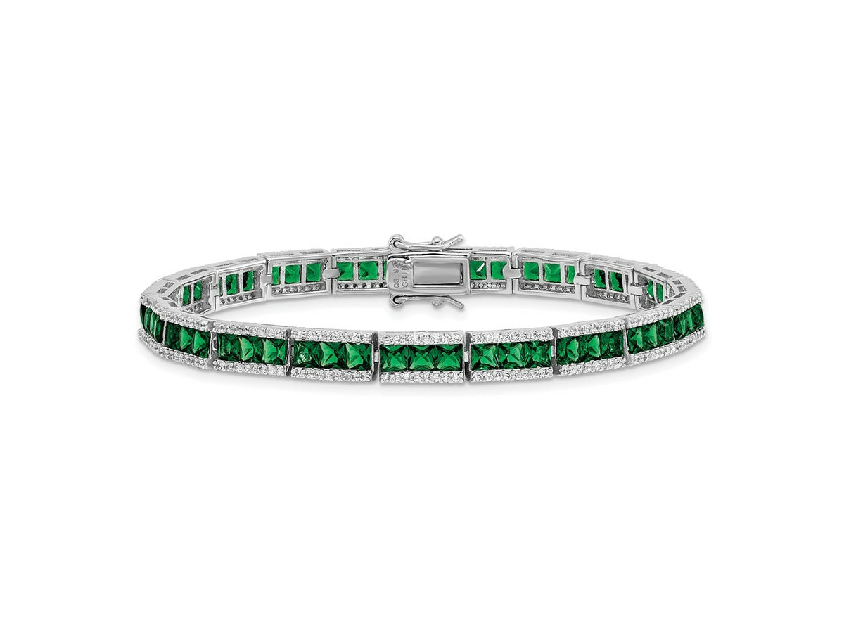 Cheryl M 925 Sterling Silver Fancy Rhodium Plated Green Crystal and CZ Bracelet 7.25 Inches x 5.6 mm