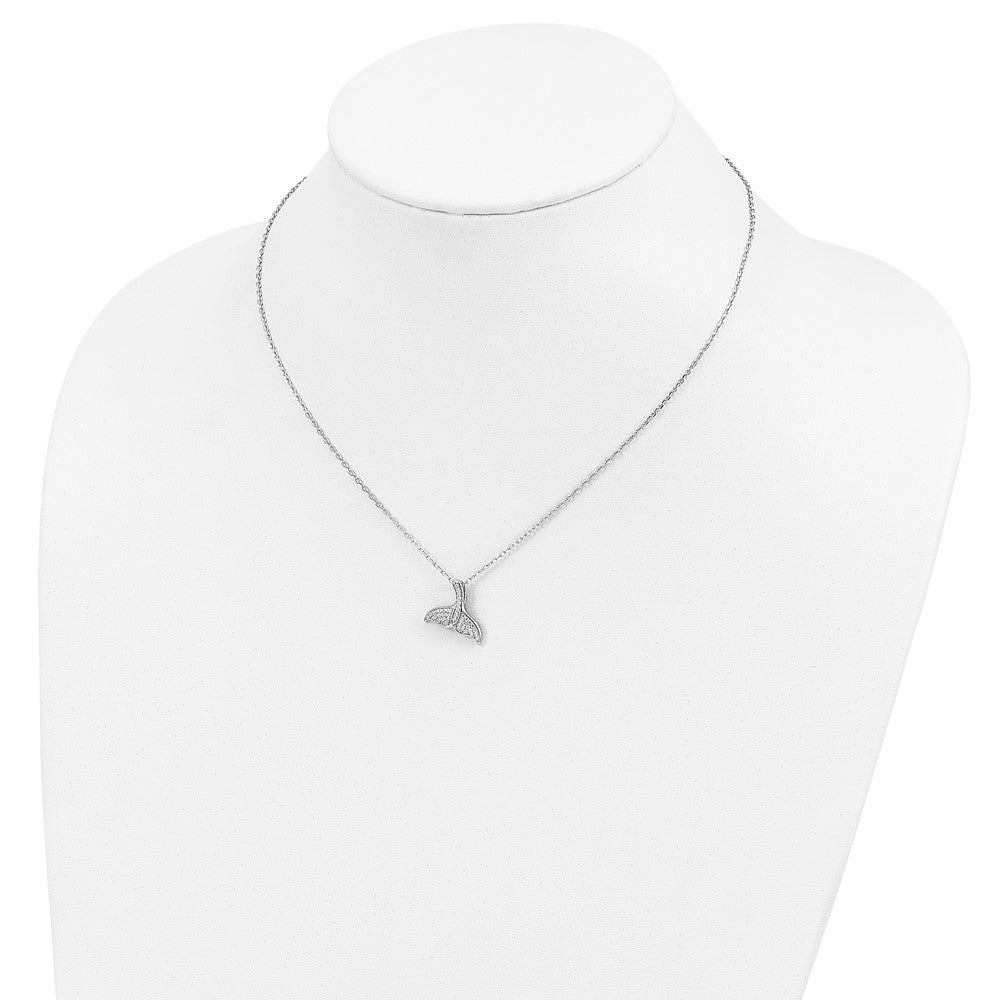 Cheryl M 925 Sterling Silver Rhod-pltd CZ Whale Tail with 2in ext Necklace 18 Inches x 16 mm
