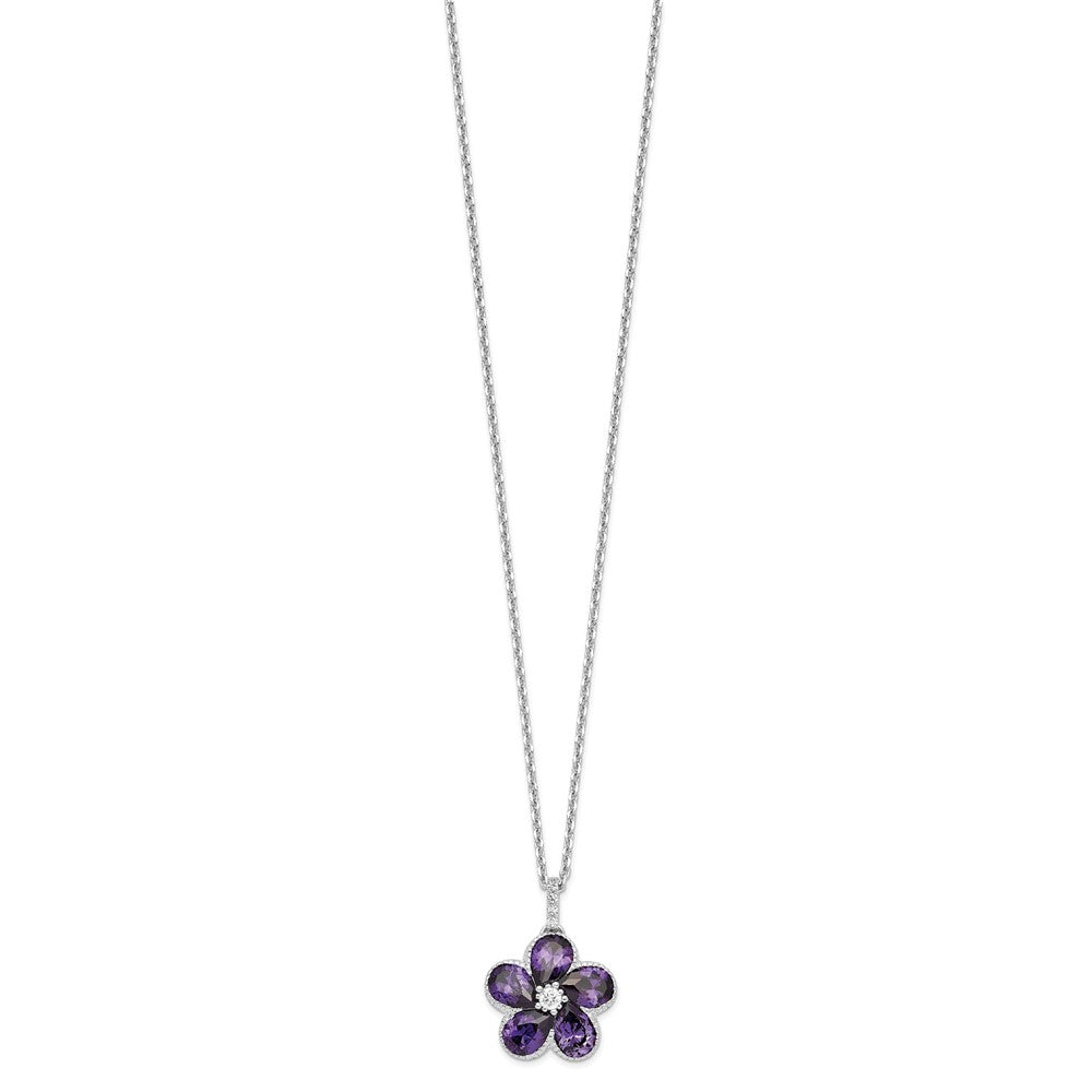 Cheryl M 925 Sterling Silver Purple and White CZ Flower with 2in ext. Necklace 18 Inches x 15 mm