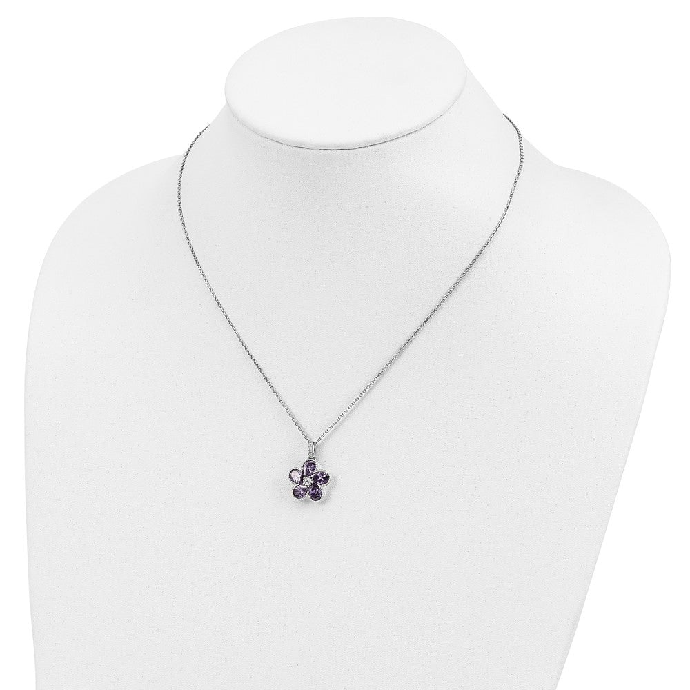 Cheryl M 925 Sterling Silver Purple and White CZ Flower with 2in ext. Necklace 18 Inches x 15 mm