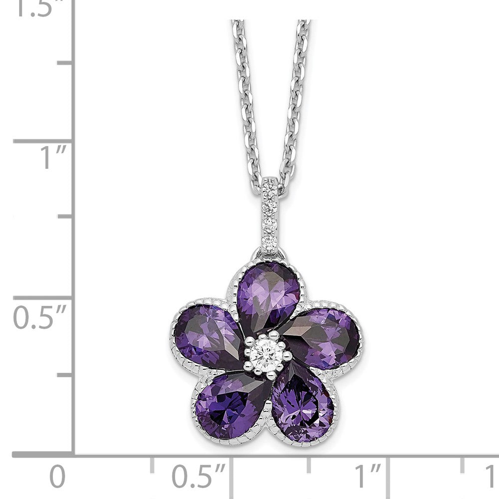 Cheryl M 925 Sterling Silver Purple and White CZ Flower with 2in ext. Necklace 18 Inches x 15 mm