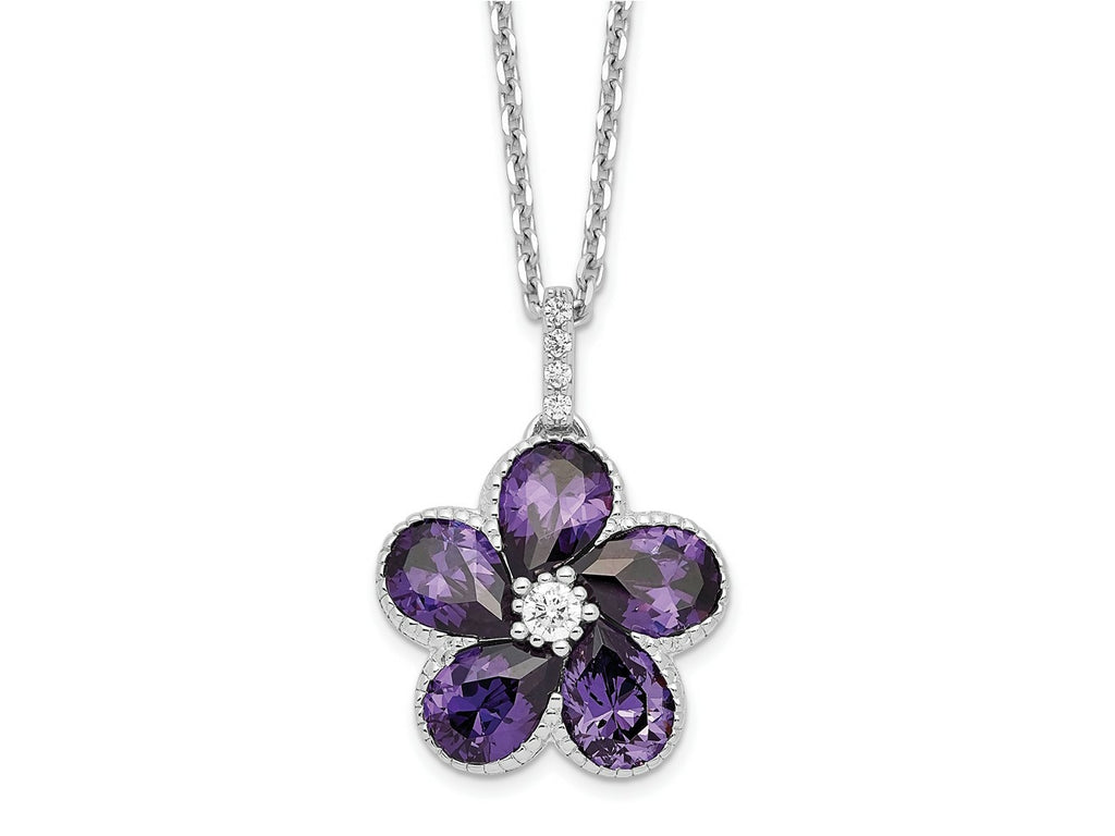 Cheryl M 925 Sterling Silver Purple and White CZ Flower with 2in ext. Necklace 18 Inches x 15 mm