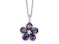 Cheryl M 925 Sterling Silver Purple and White CZ Flower with 2in ext. Necklace 18 Inches x 15 mm
