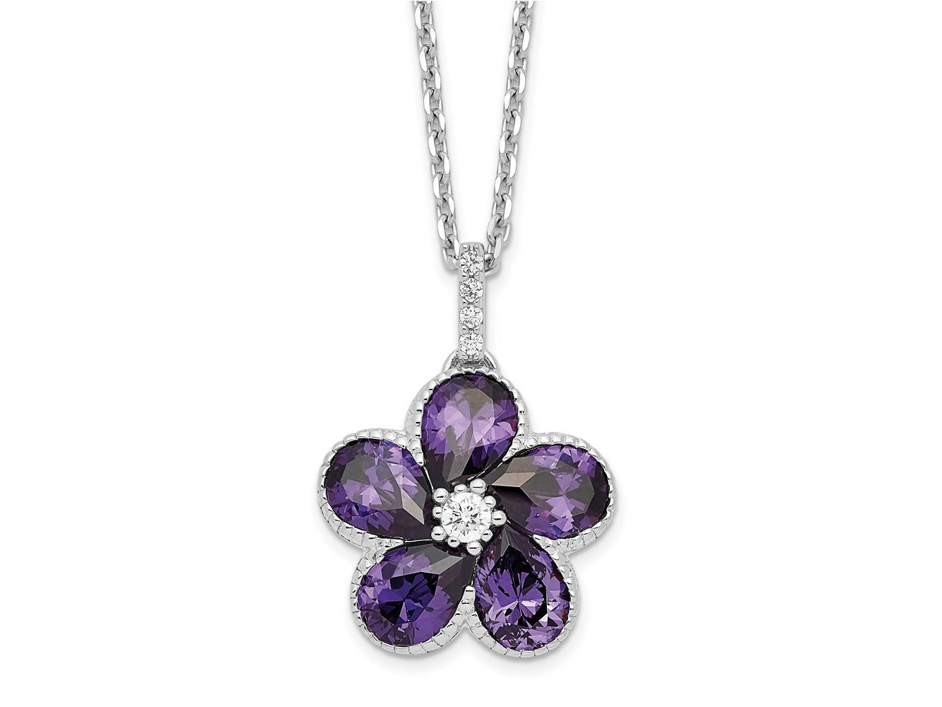 Cheryl M 925 Sterling Silver Purple and White CZ Flower with 2in ext. Necklace 18 Inches x 15 mm