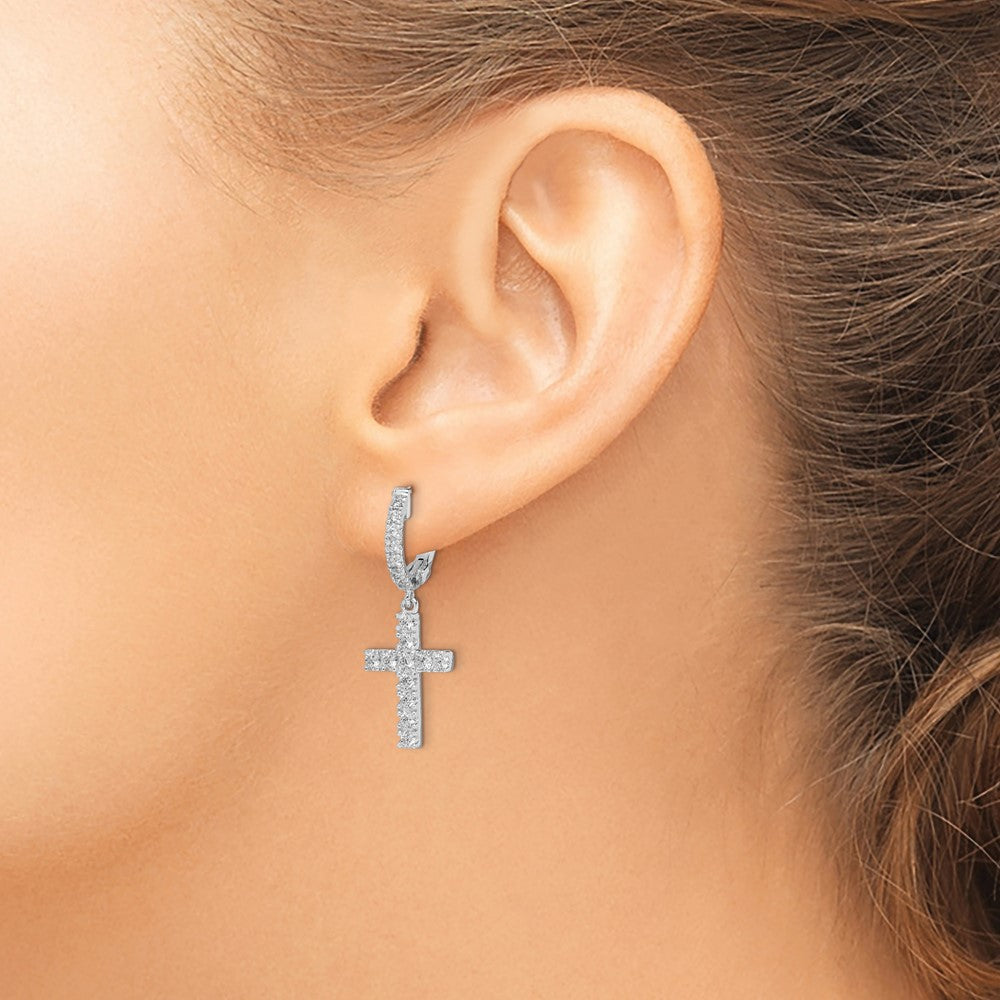 FJC Finejewelers 925 Sterling Silver Rhodium Plated CZ Hinged Hoop Dangle Cross Earrings 31 mm x 11 mm