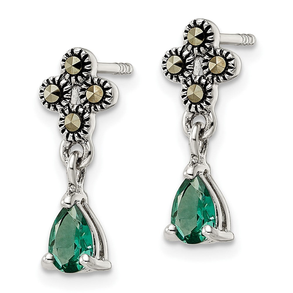 FJC Finejewelers 925 Sterling Silver Antiqued Marcasite and Cr. Green Quartz Post Dangle Earrings 18 x 6 mm