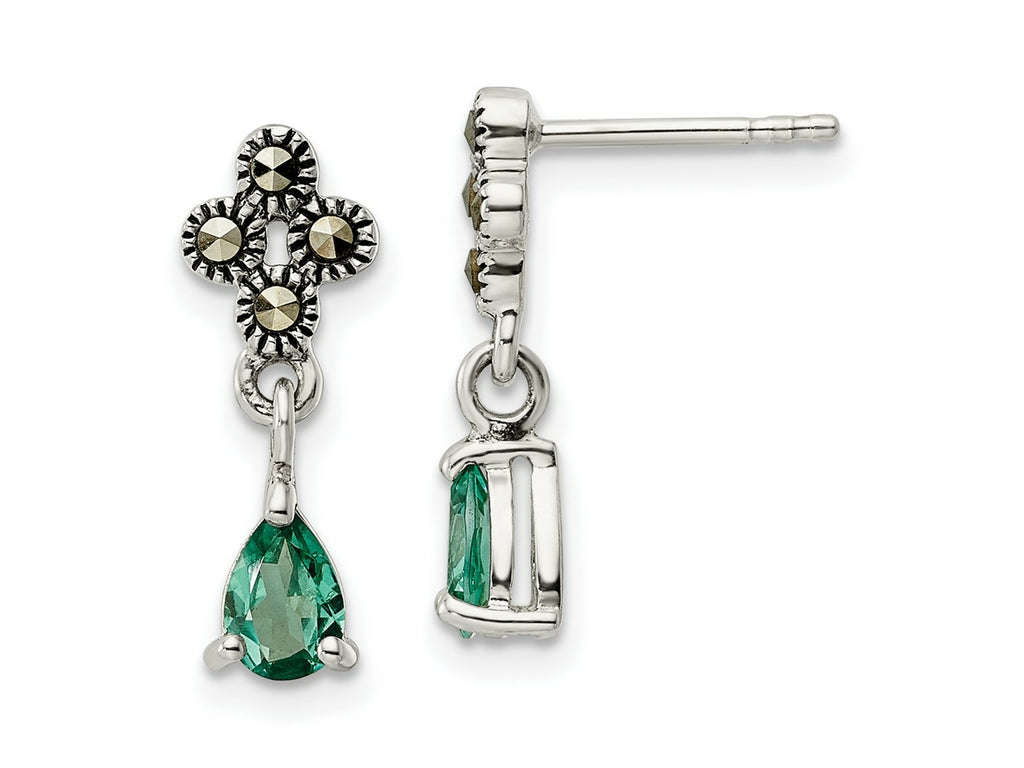 FJC Finejewelers 925 Sterling Silver Antiqued Marcasite and Cr. Green Quartz Post Dangle Earrings 18 x 6 mm