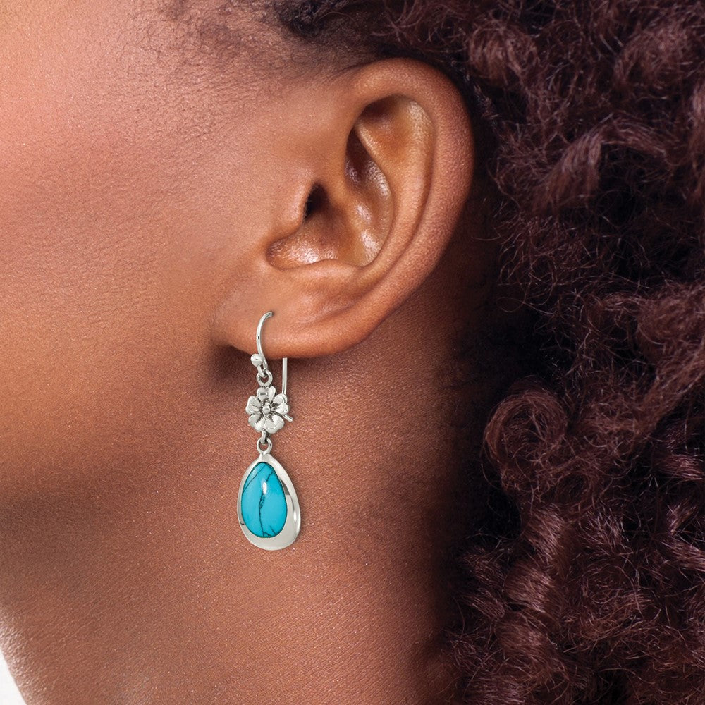 FJC Finejewelers 925 Sterling Silver Polished Recon. Turquoise Floral Teardrop Dangle Earrings 40 x 12 mm