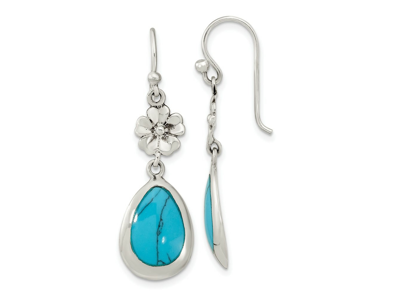 FJC Finejewelers 925 Sterling Silver Polished Recon. Turquoise Floral Teardrop Dangle Earrings 40 x 12 mm