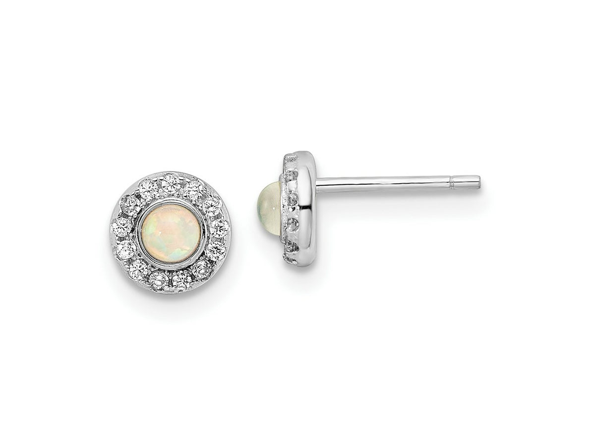 FJC Finejewelers 925 Sterling Silver Button Rhod-plated Created Opal and CZ Halo Post Earrings 6 x 6 mm