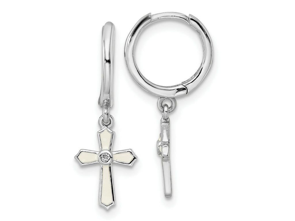 FJC Finejewelers 925 Sterling Silver  CZ White Enamel Cross Dangle Hoop Earrings 124 x 11 mm