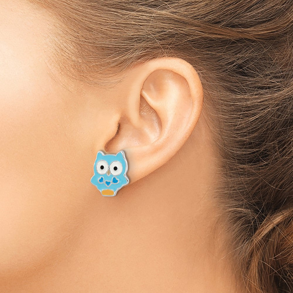 FJC Finejewelers 925 Sterling Silver Button Rhodium Platedd Enameled Blue Owl Post Earrings 8 x 8 mm