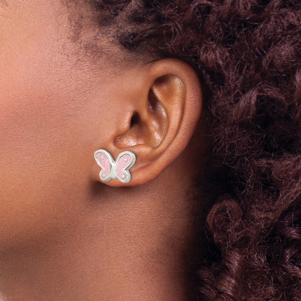 FJC Finejewelers 925 Sterling Silver Button RH-pltd Polish Pink Enamel Butterfly Petite Post Earrings 5 x 7 mm