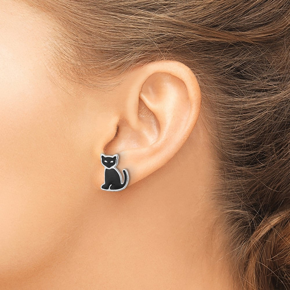 FJC Finejewelers 925 Sterling Silver Button  Polished Black Enameled Cat Post Earrings 6 x 5 mm