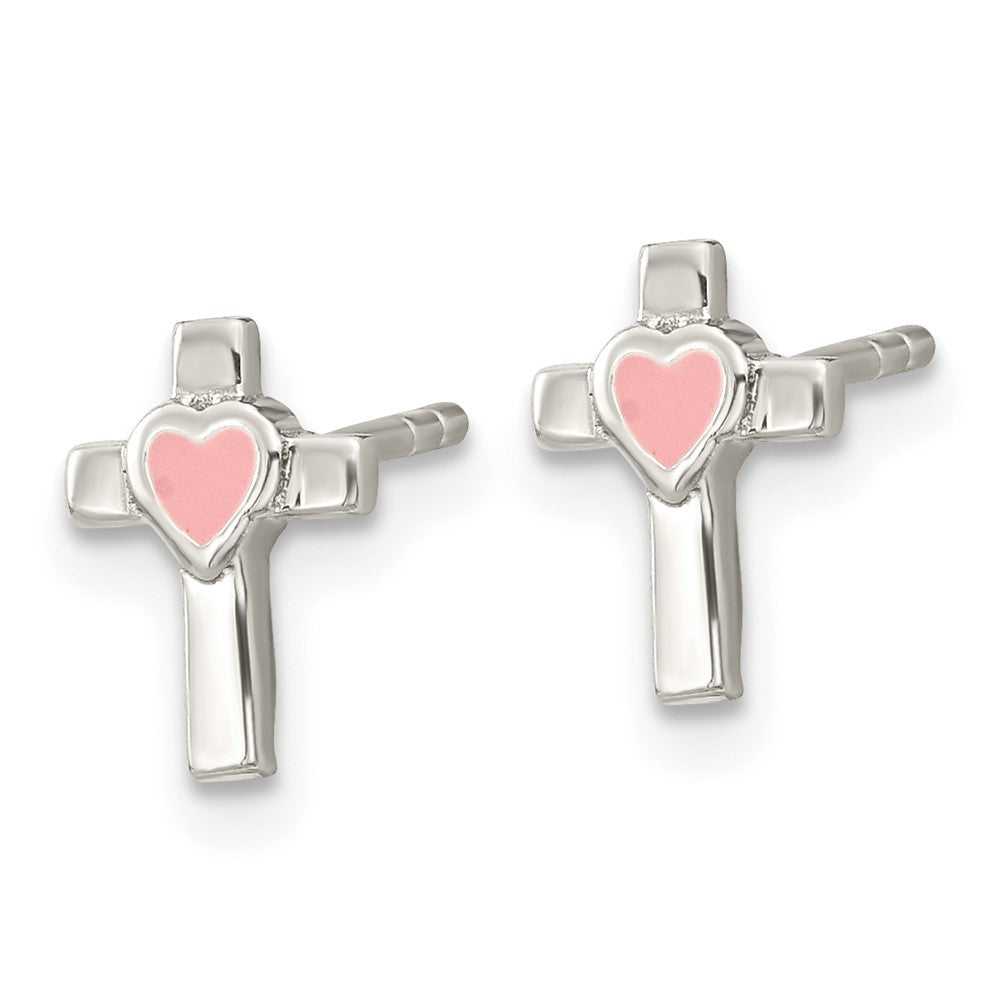 FJC Finejewelers 925 Sterling Silver Button Rhodium Plated Cross Pink Enamel Heart Post Earrings 8 x 6 mm