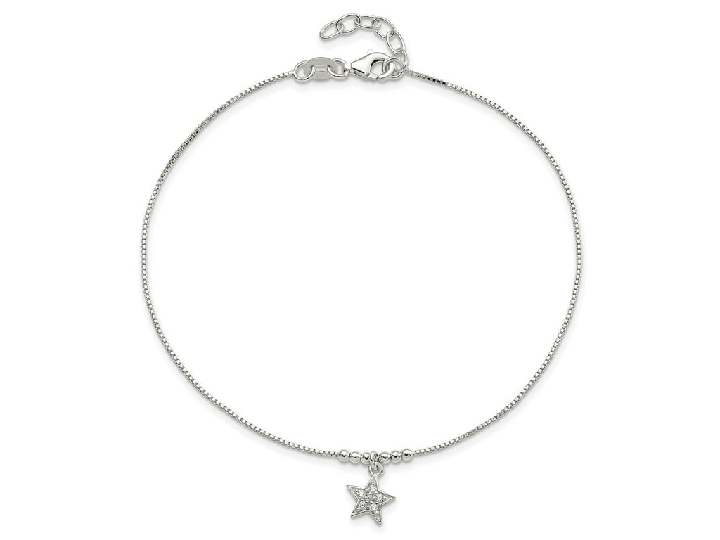 FJC Finejewelers 925 Sterling Silver Box CZ Star and Beads 9in Plus 1in Ext. Anklet 10 Inches x 10 mm