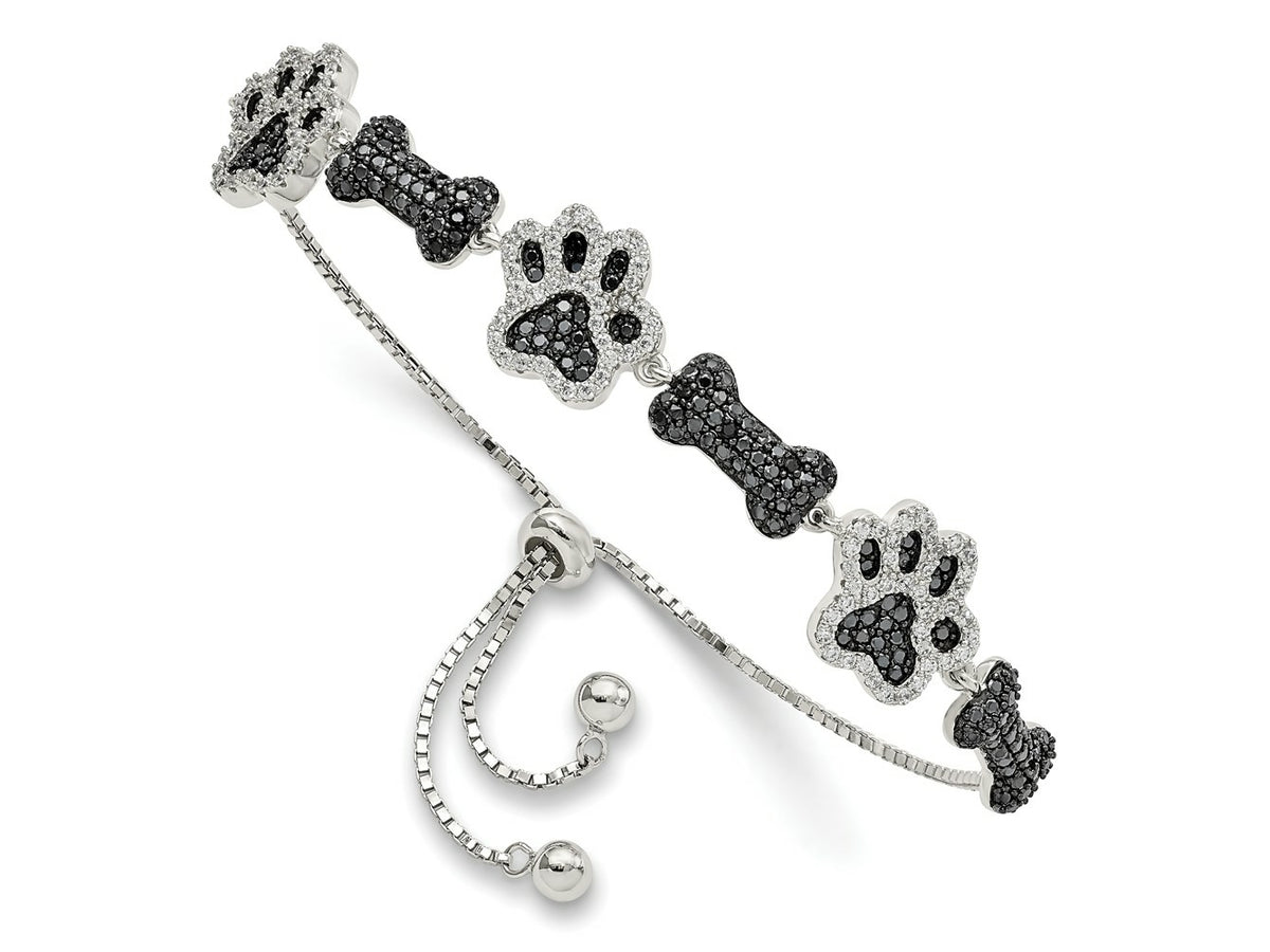FJC Finejewelers 925 Sterling Silver Box Rhodium Plated CZ Paw Print and Dog Bone Adjustable Bracelet
