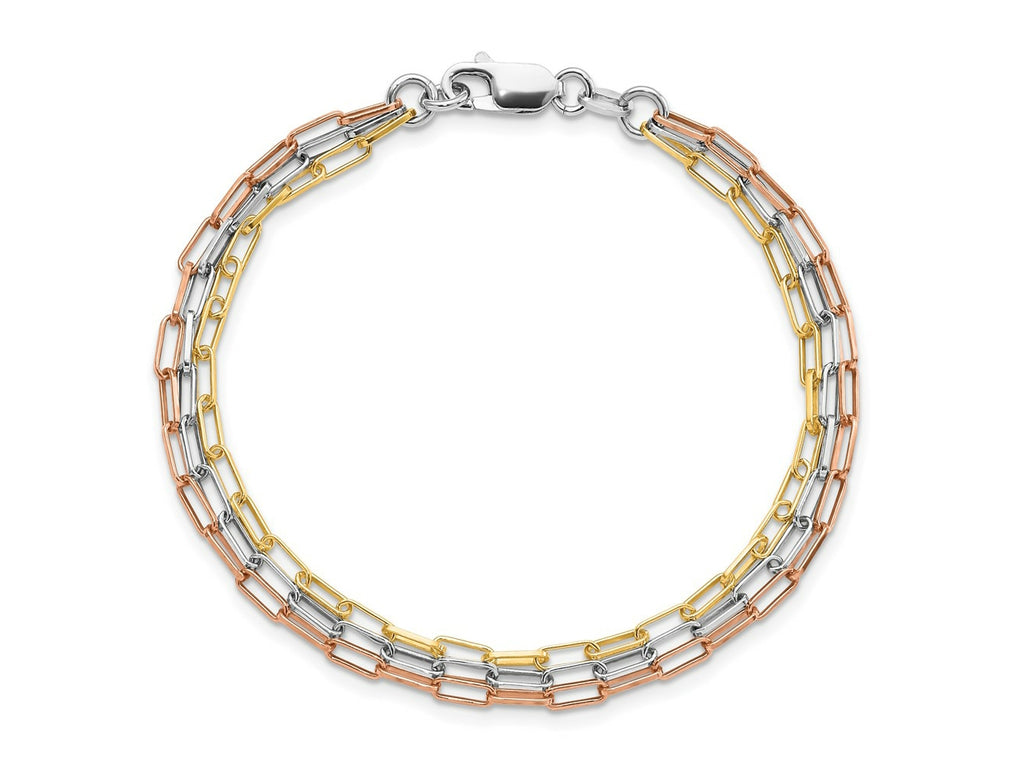 FJC Finejewelers 925 Sterling Silver Rose and Yellow-tone Paper-clip Link 3-strand Bracelet 7.5 Inches x 2.49 mm