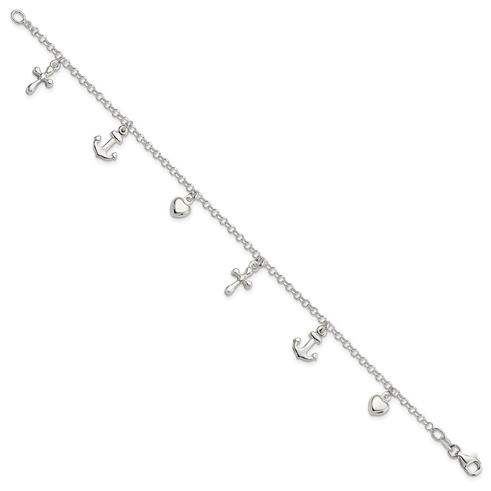 FJC Finejewelers 925 Sterling Silver Cross, Anchor, Heart Bracelet 7.5 Inches x 9 mm