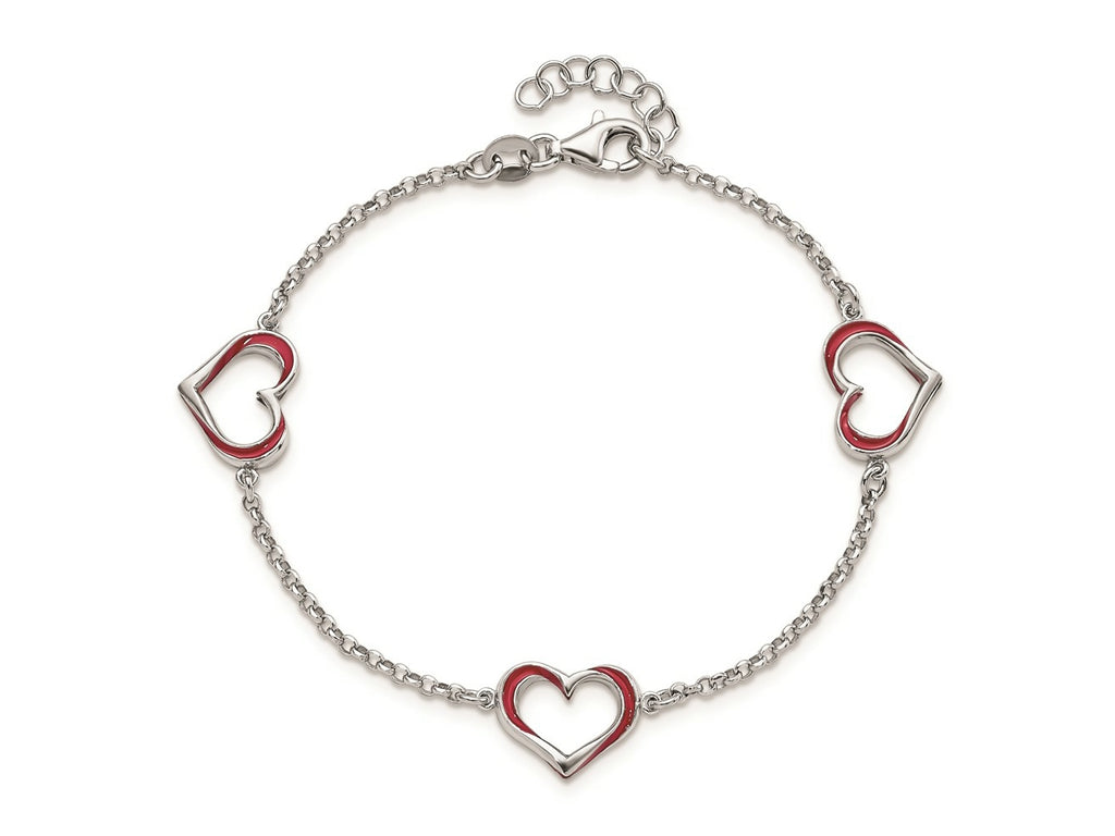 FJC Finejewelers 925 Sterling Silver  Red Enamel 3-Heart with .5 in Ext Bracelet 7 Inches x 12.22 mm