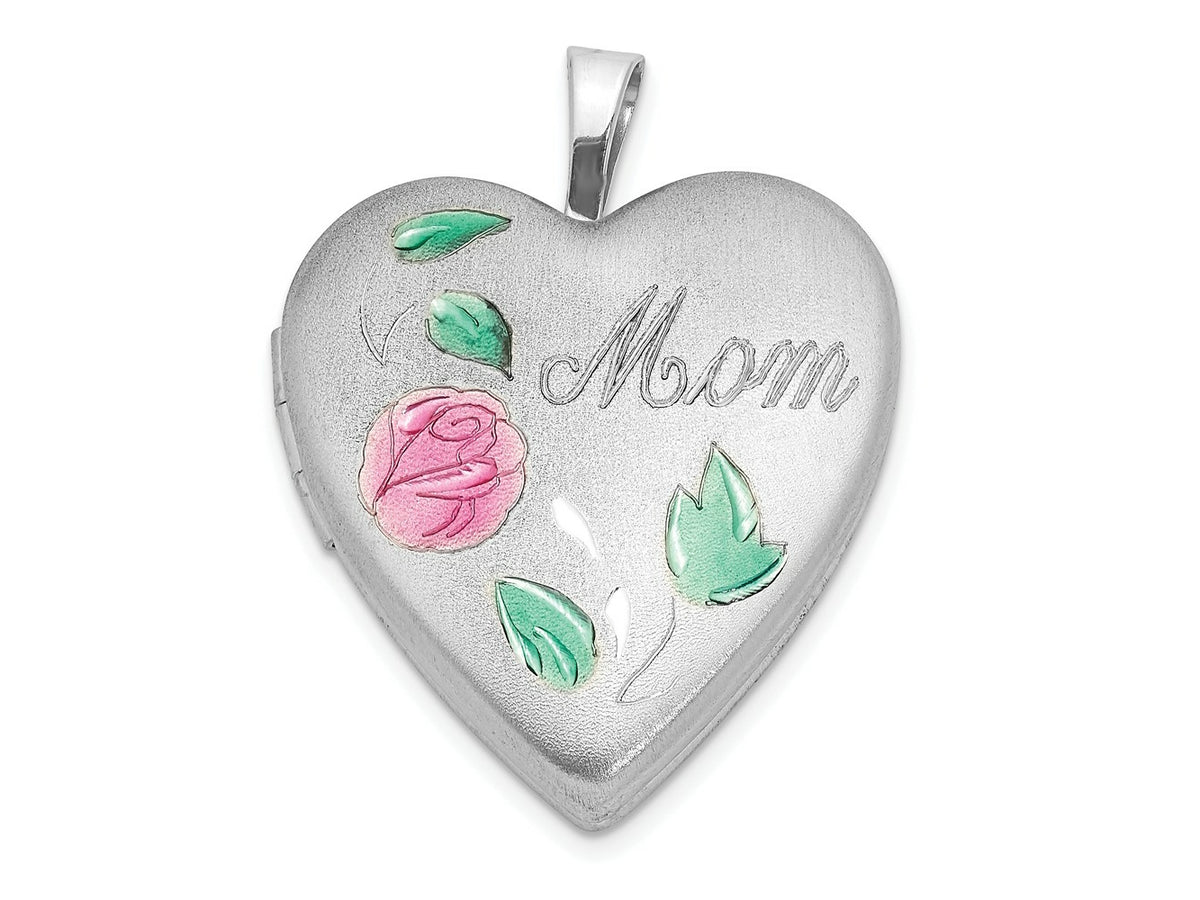 FJC Finejewelers 925 Sterling Silver  Enameled Flower with Mom 20mm Heart Charm Locket 24 mm x 19 mm