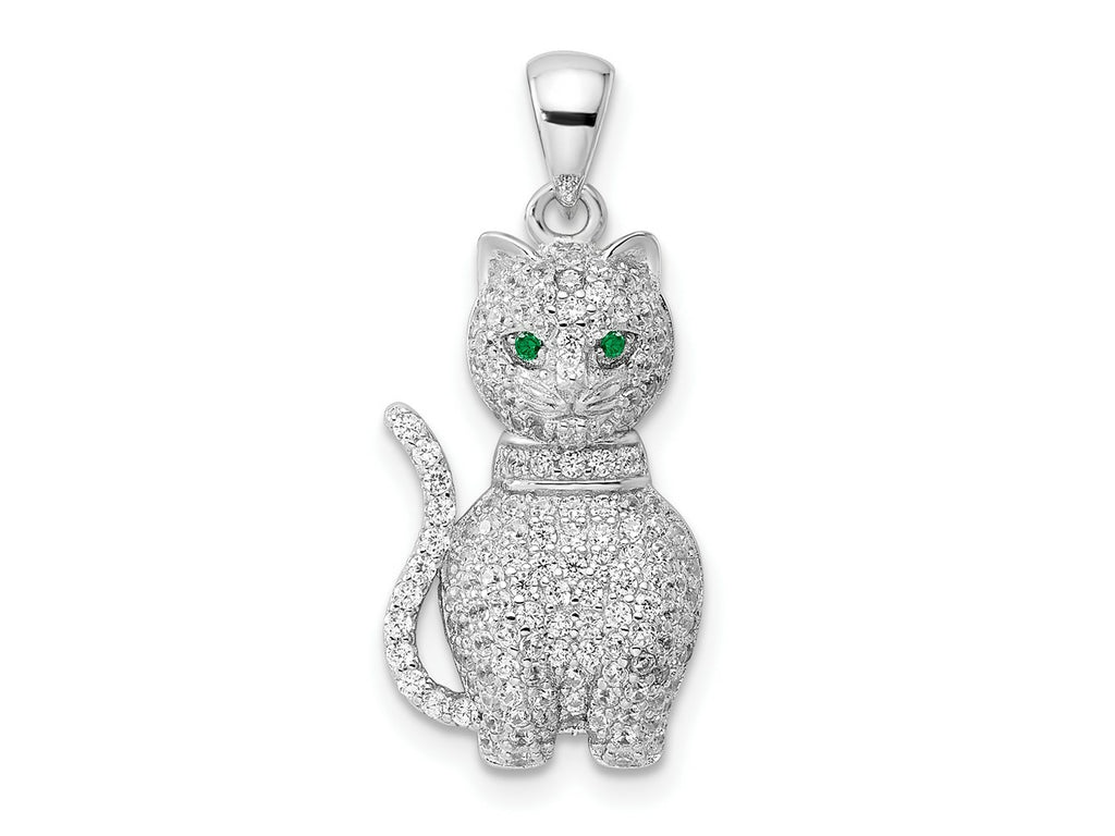FJC Finejewelers 925 Sterling Silver Rhodium Plated Polished Green and White CZ Cat Charm 26 x 11 mm