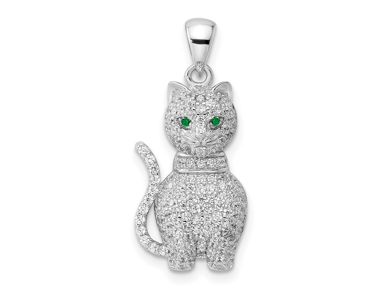 FJC Finejewelers 925 Sterling Silver Rhodium Plated Polished Green and White CZ Cat Charm 26 x 11 mm