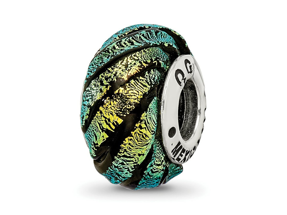 Reflections 925 Sterling Silver Green Swirl Dichroic Glass Bead 14 x 10 mm.