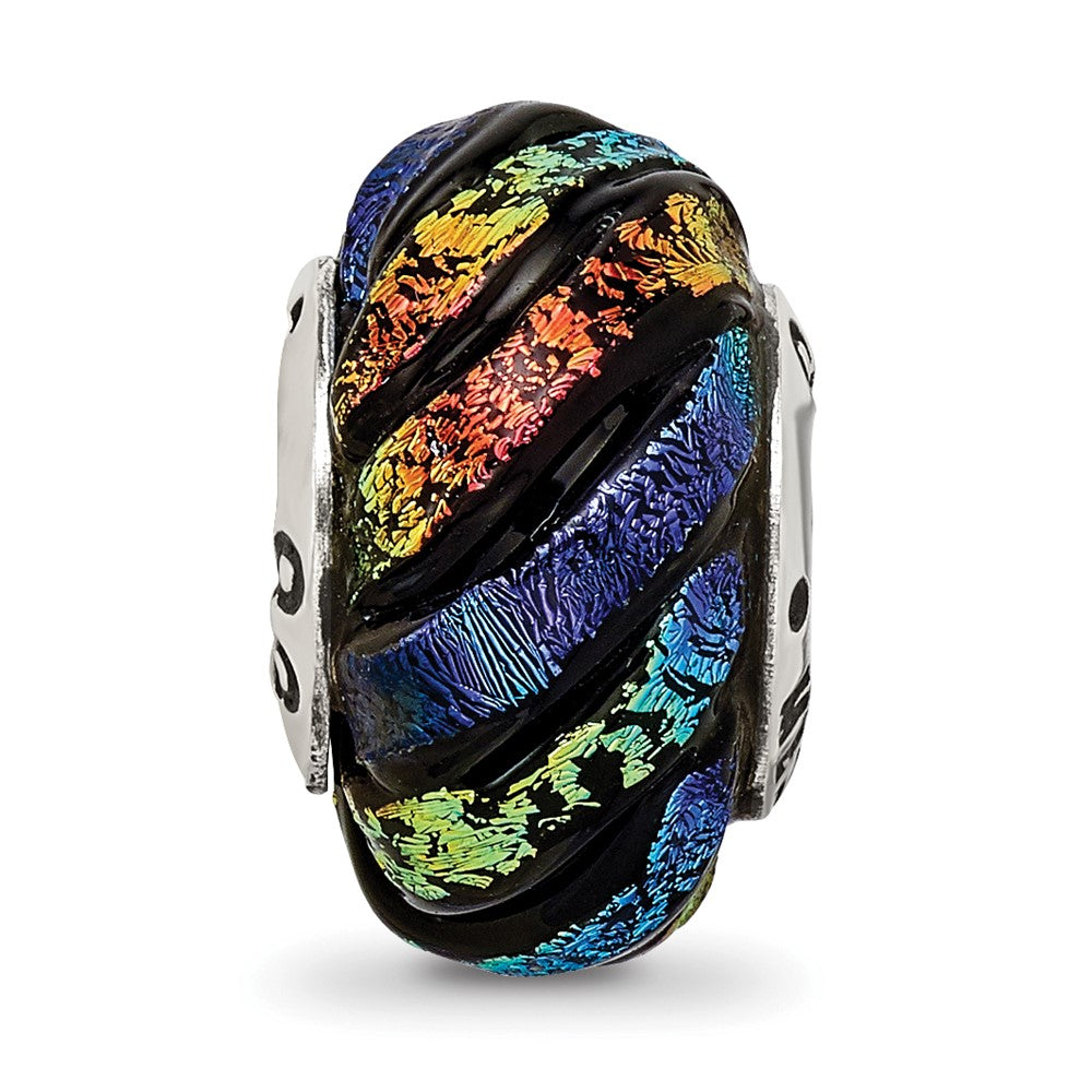 Reflections 925 Sterling Silver Rainbow Swirl Dichroic Glass Bead 14 x 10 mm.