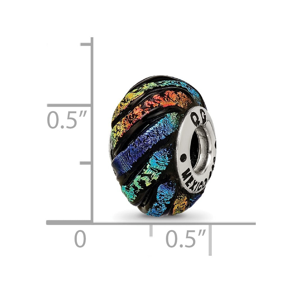 Reflections 925 Sterling Silver Rainbow Swirl Dichroic Glass Bead 14 x 10 mm.