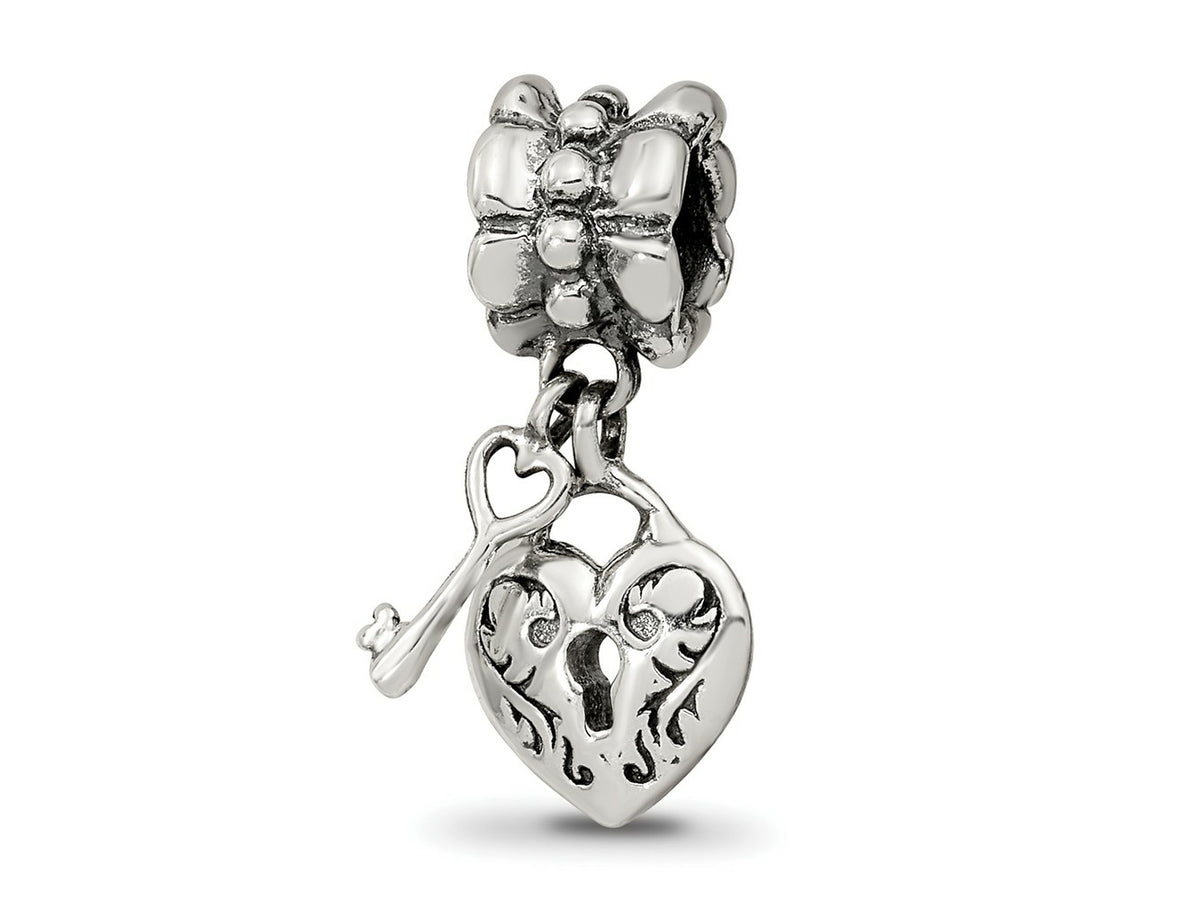 Reflections 925 Sterling Silver Heart and Key Dangle Bead 19 x 8 mm.