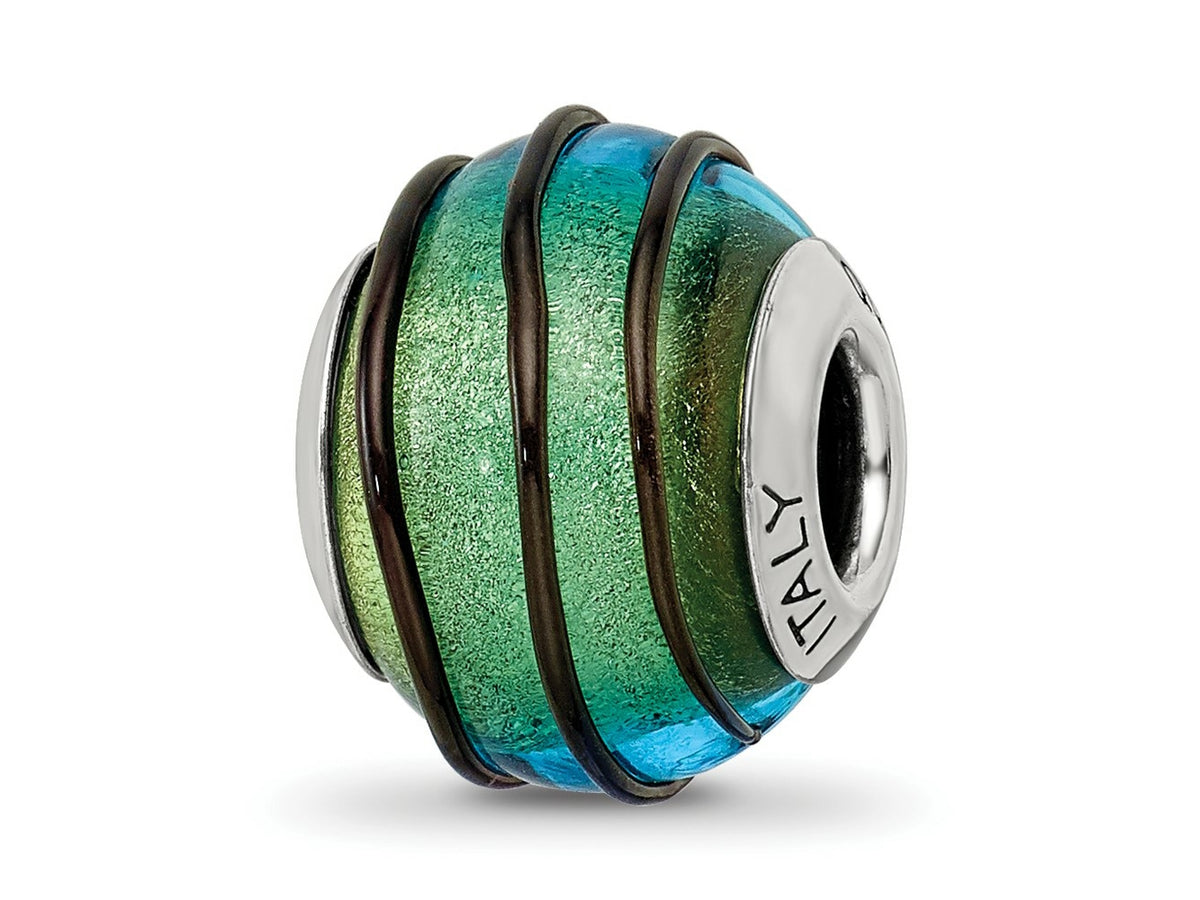 Reflections 925 Sterling Silver Teal with Black Stripes Italian Murano Bead 12 x 10 mm