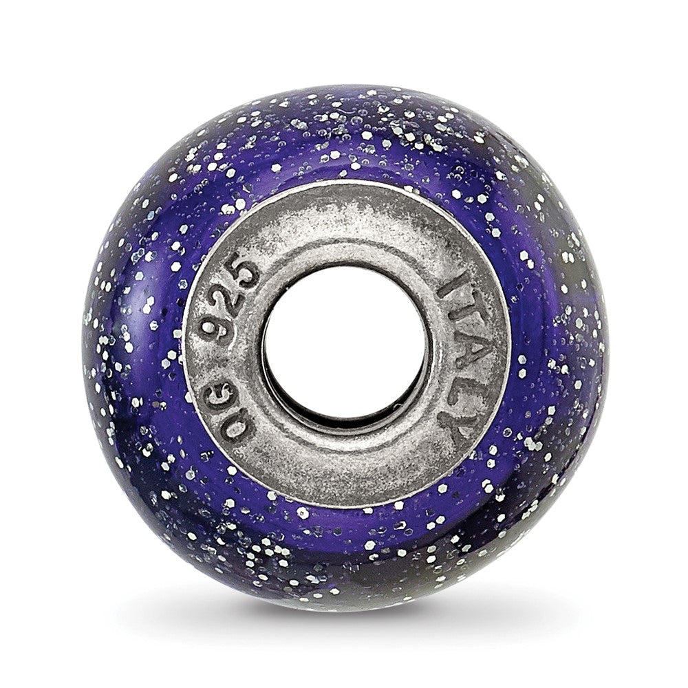 Reflections 925 Sterling Silver Dark Blue with Silver Glitter Italian Murano Bead 12 x 9 mm