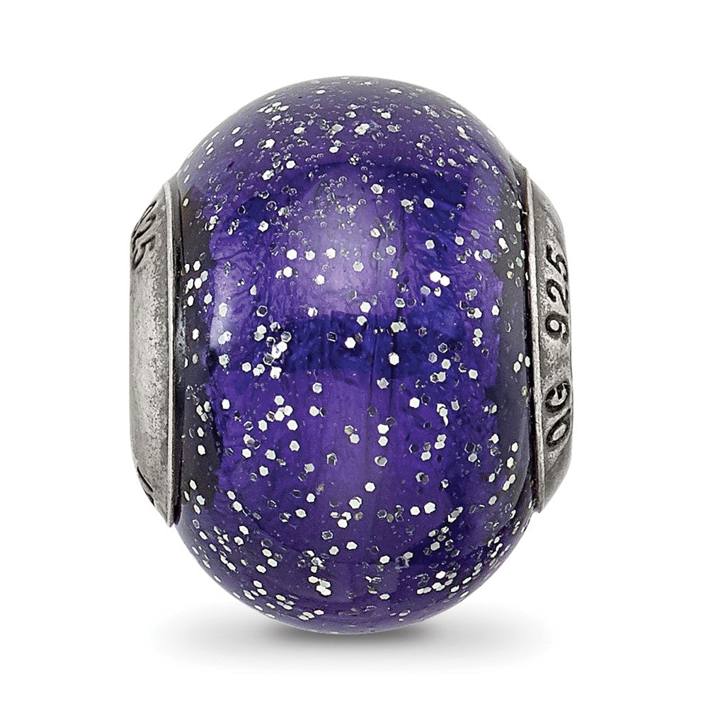 Reflections 925 Sterling Silver Dark Blue with Silver Glitter Italian Murano Bead 12 x 9 mm