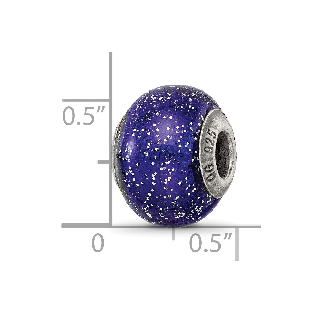 Reflections 925 Sterling Silver Dark Blue with Silver Glitter Italian Murano Bead 12 x 9 mm