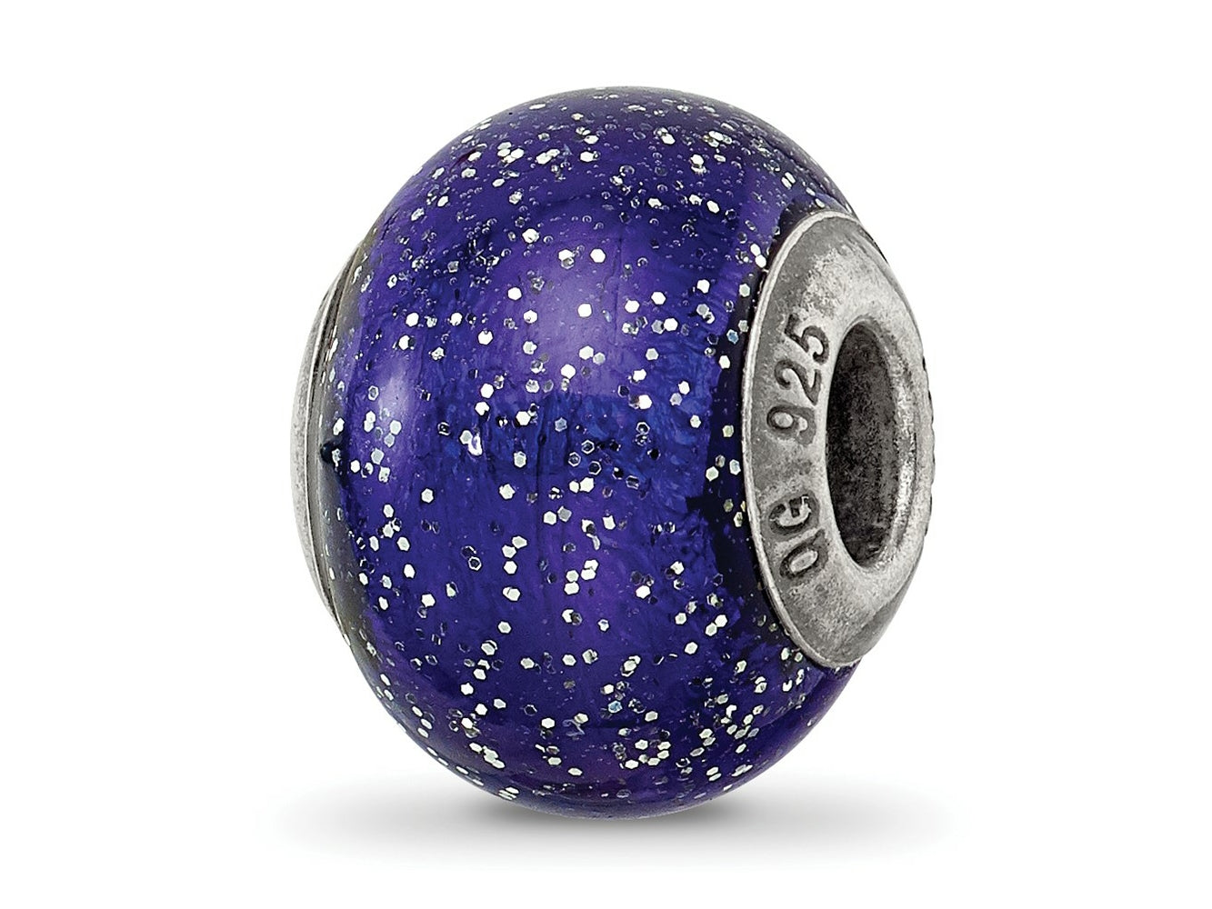 Reflections 925 Sterling Silver Dark Blue with Silver Glitter Italian Murano Bead 12 x 9 mm